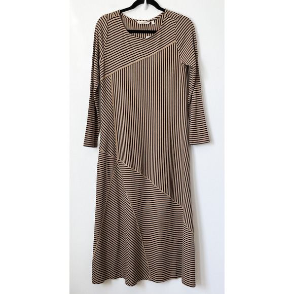 NWT Soft Surroundings Ryley Rib Knit Midi Dress Small Tan Asymmetrical Stripe - Picture 1 of 10